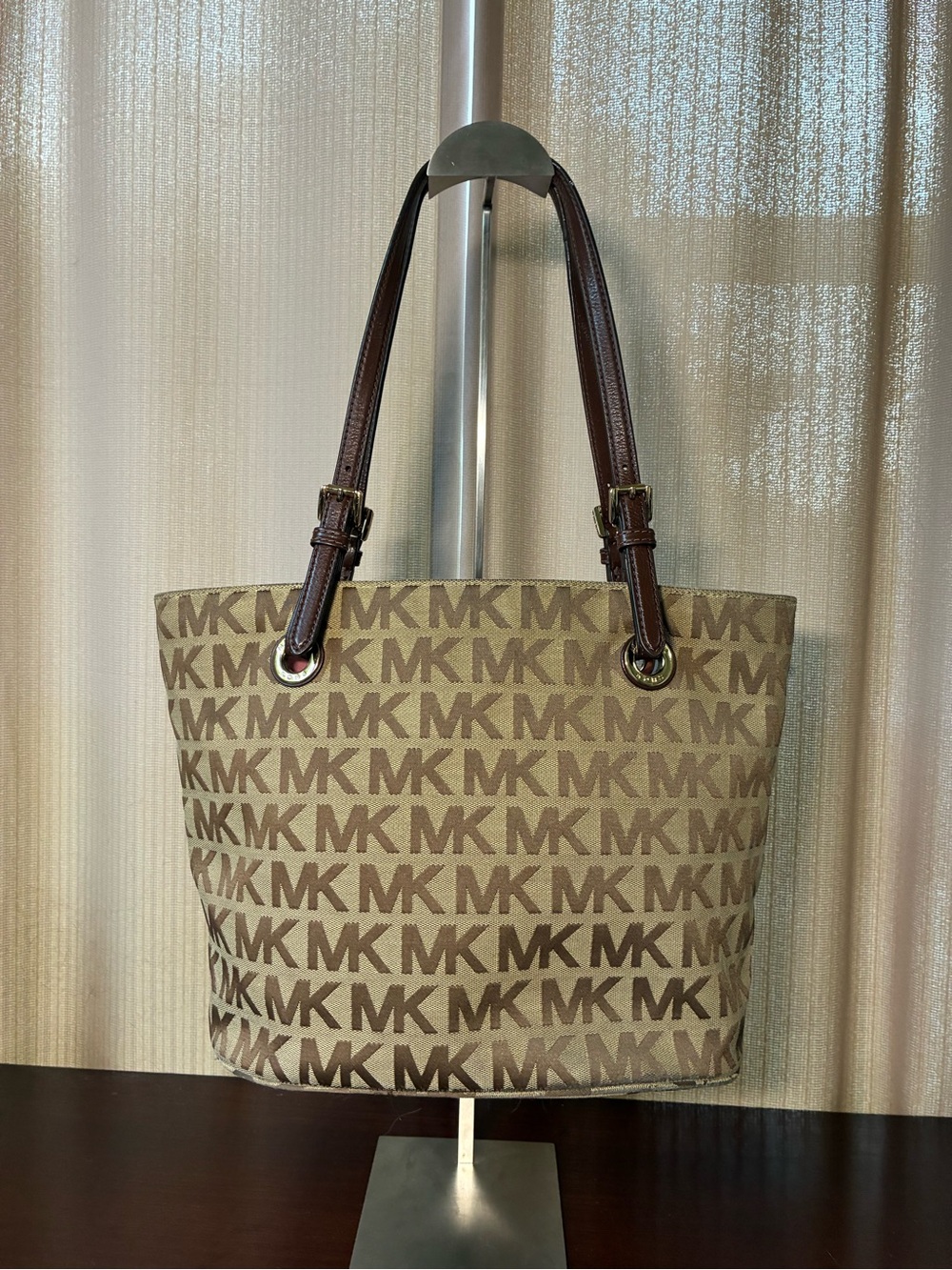 Michael Kors Tan/Brown MK Logo Tote with Dark Brown Straps